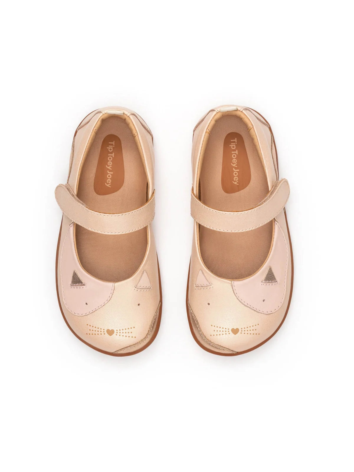 Overhead view of candy dream pink kids shoes showing the anatomical kitten design and cushioned insoles for all-day play.