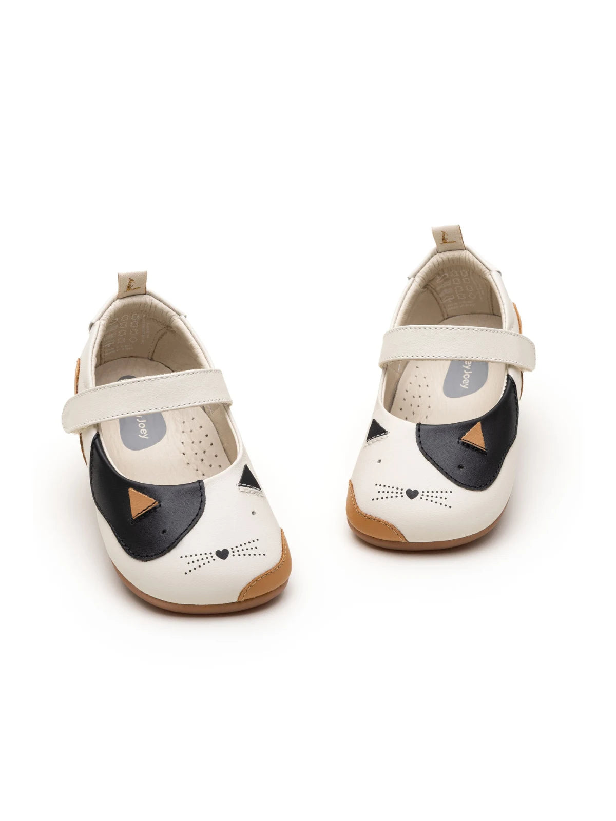 Front view of the baby kitten-themed Mary Janes showing the multi-color cat face design and comfortable wide toe box.