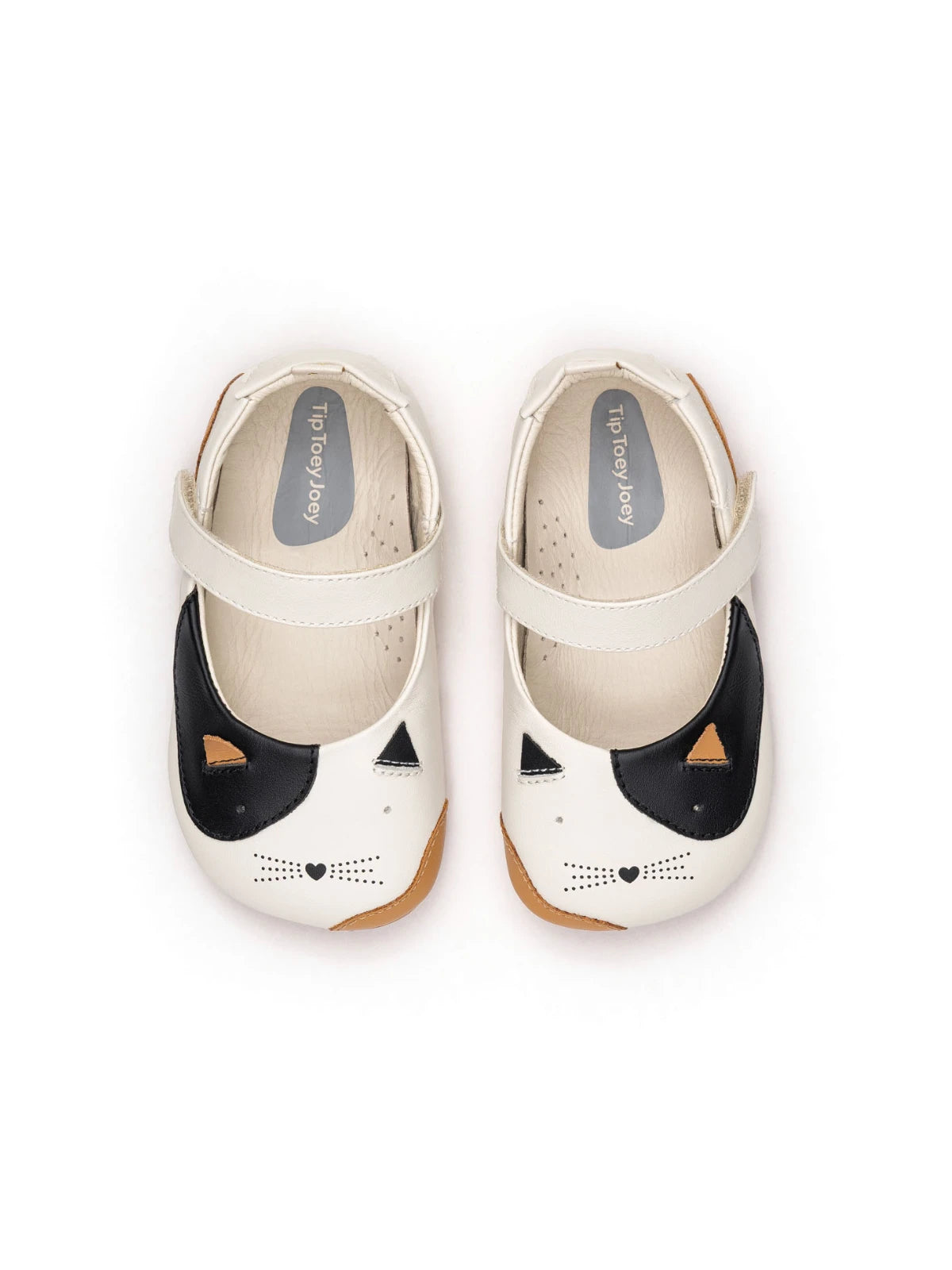 Overhead view of the Tapioca and Black baby kitten shoes, highlighting the anatomical shape for healthy foot development.
