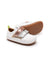 White leather baby sneakers with metallic sterling silver and rose gold accents and double velcro straps.