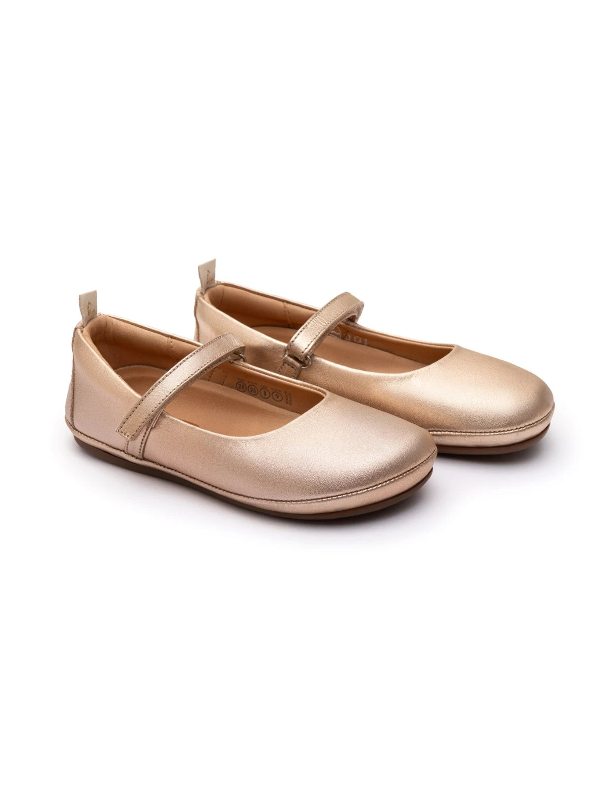 Pair of metallic salmon pink leather Marie ballet flats for kids with a flexible rubber sole and secure strap.