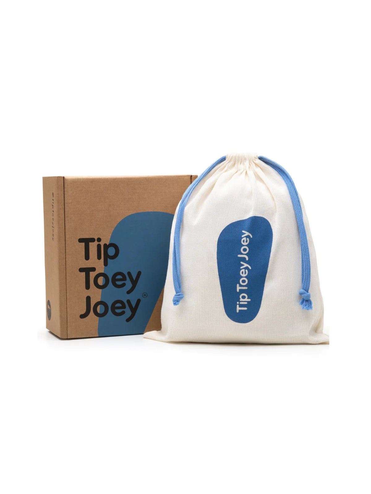 Metallic salmon kids Marie shoes displayed with the Tip Toey Joey gift box and blue drawstring cotton bag.