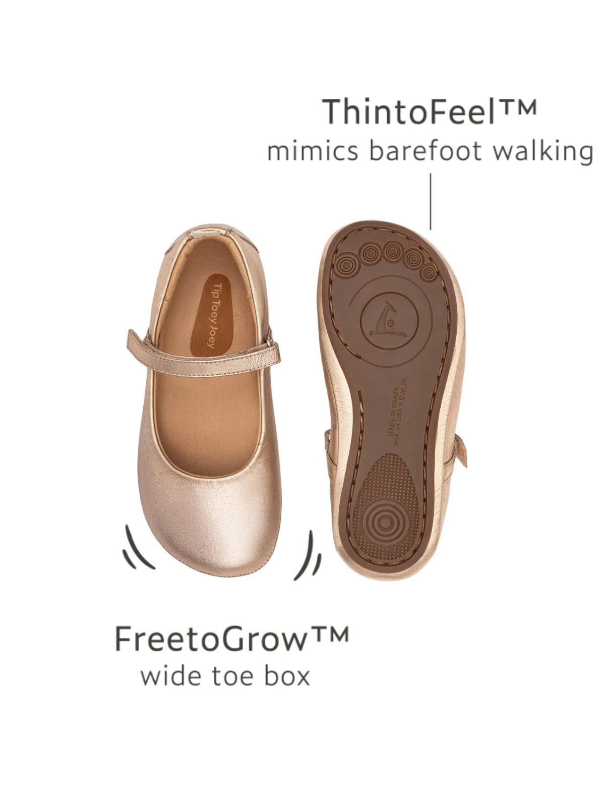 Top and bottom view of kids Marie shoes highlighting the FreetoGrow wide toe box and ThintoFeel barefoot sole.
