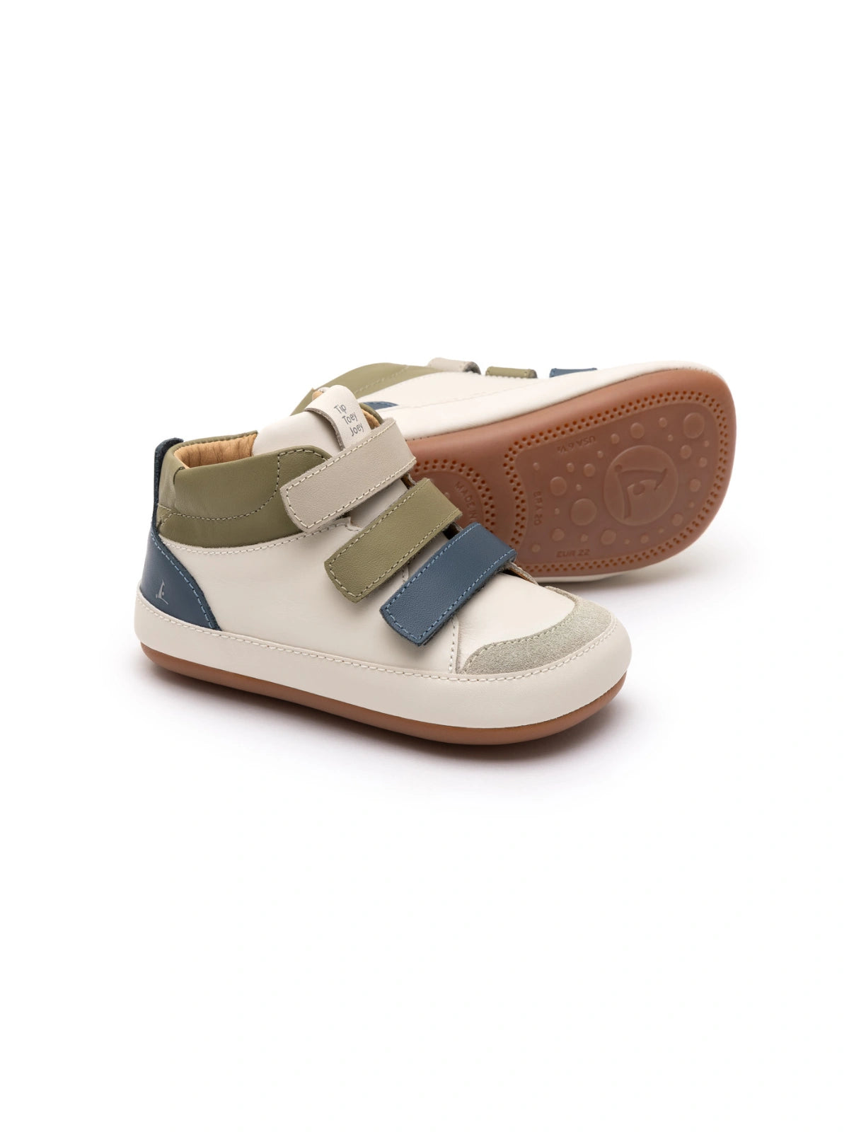 Baby high-top leather sneakers in tapioca white with laguna blue and olive green velcro straps.