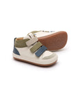 Baby high-top leather sneakers in tapioca white with laguna blue and olive green velcro straps.