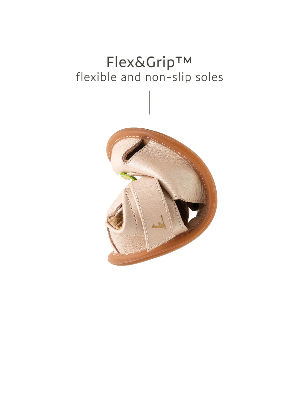 Demonstrating the flexible FlexiGrip sole on the candy dream baby sandal, designed for natural movement and stability.
