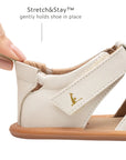 Close-up of the Stretch & Stay elastic heel on the Tapioca baby sandal, designed for a secure and easy fit.