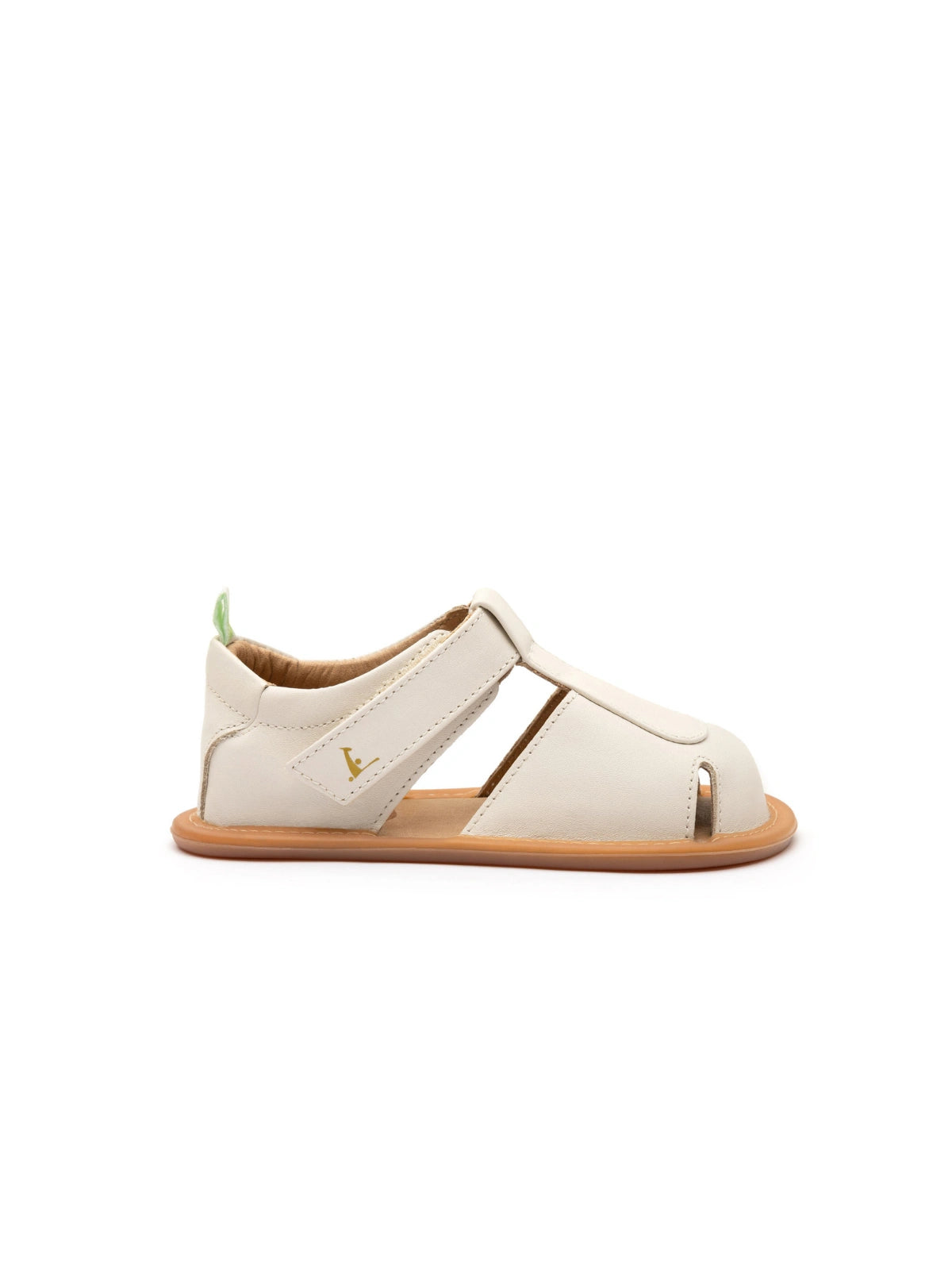 Side view of the baby Parky sandal in Tapioca, showing the secure velcro closure and ergonomic flat sole.