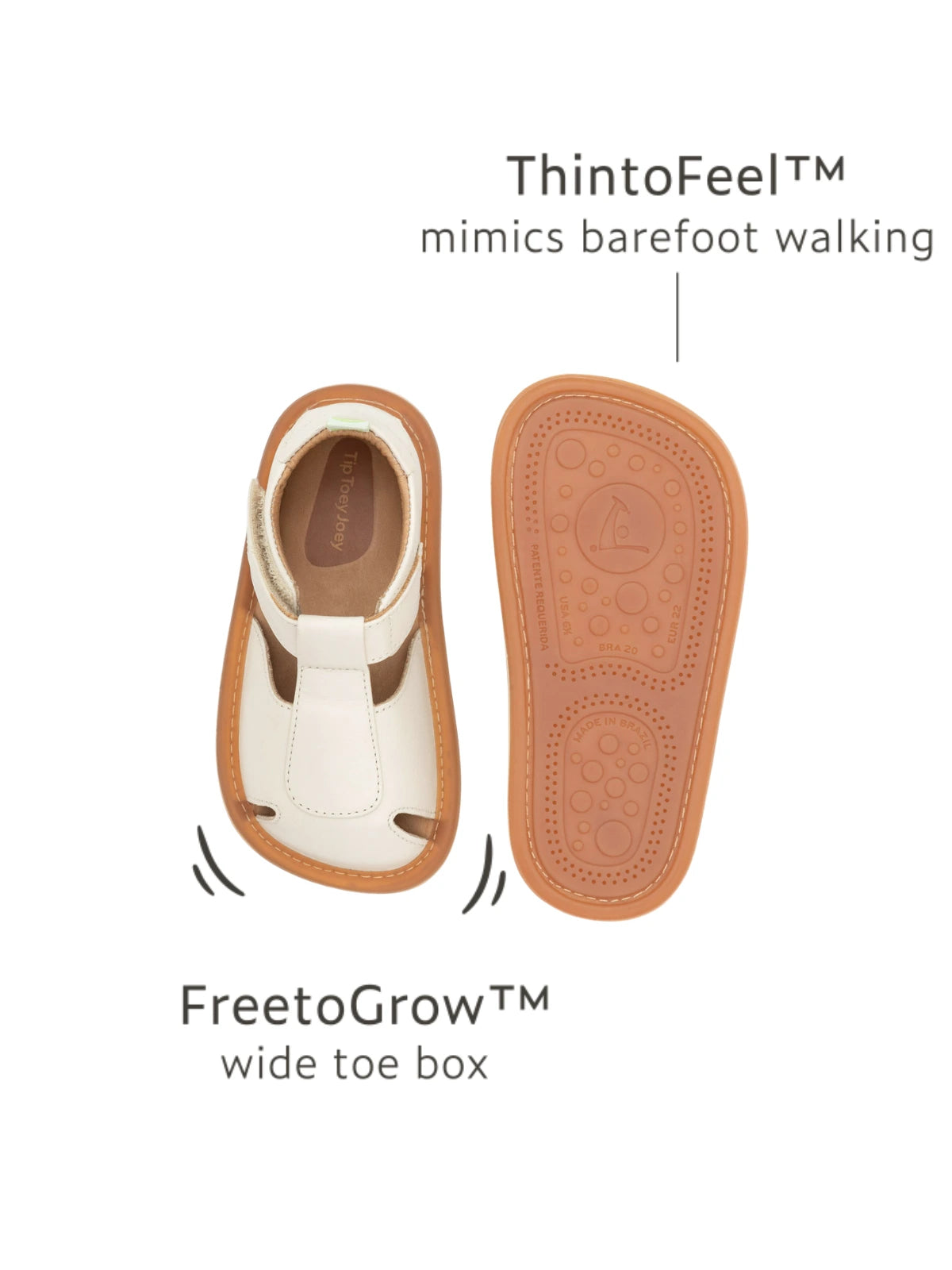 Product features of the Tapioca baby sandal highlighting the FreetoGrow wide toe box and ThintoFeel sole.