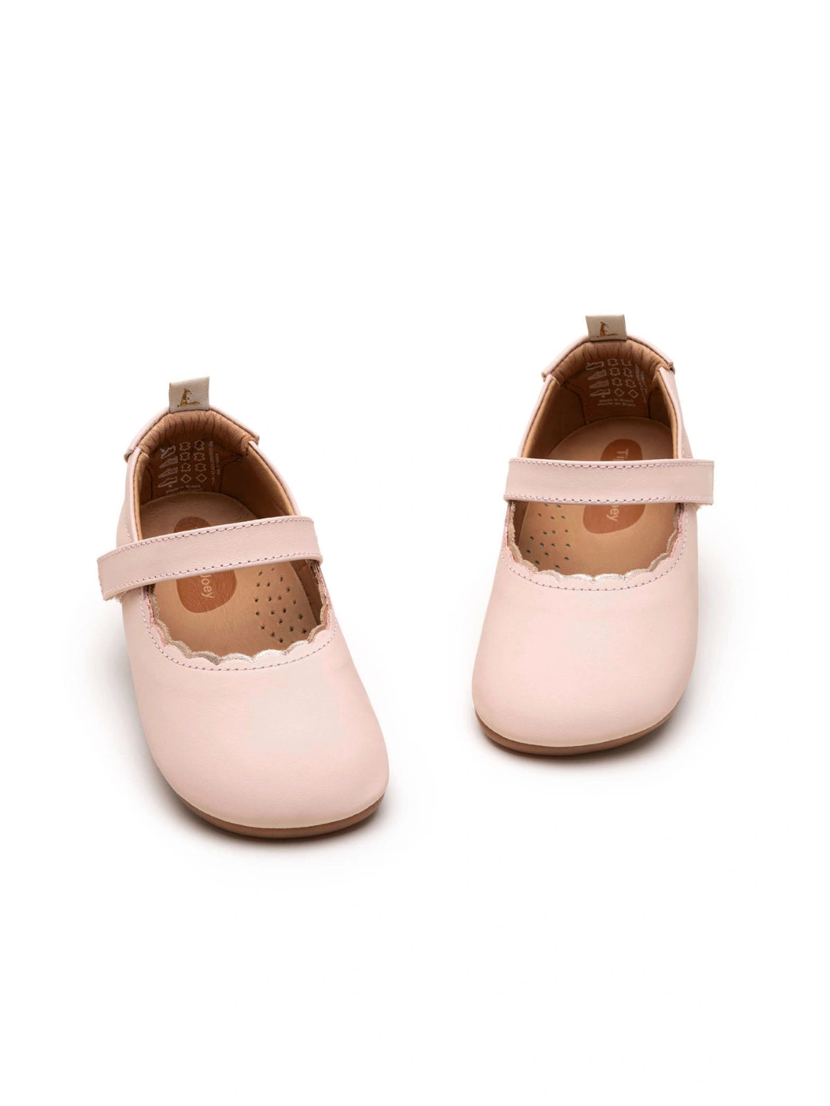 Pair of cotton candy pink leather baby shoes with a secure metallic salmon adjustable velcro strap.