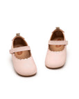 Pair of cotton candy pink leather baby shoes with a secure metallic salmon adjustable velcro strap.