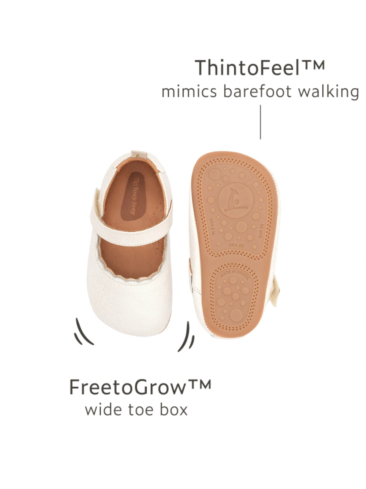 White dream baby shoe diagram highlighting the FreetoGrow wide toe box and ThintoFeel thin sole.