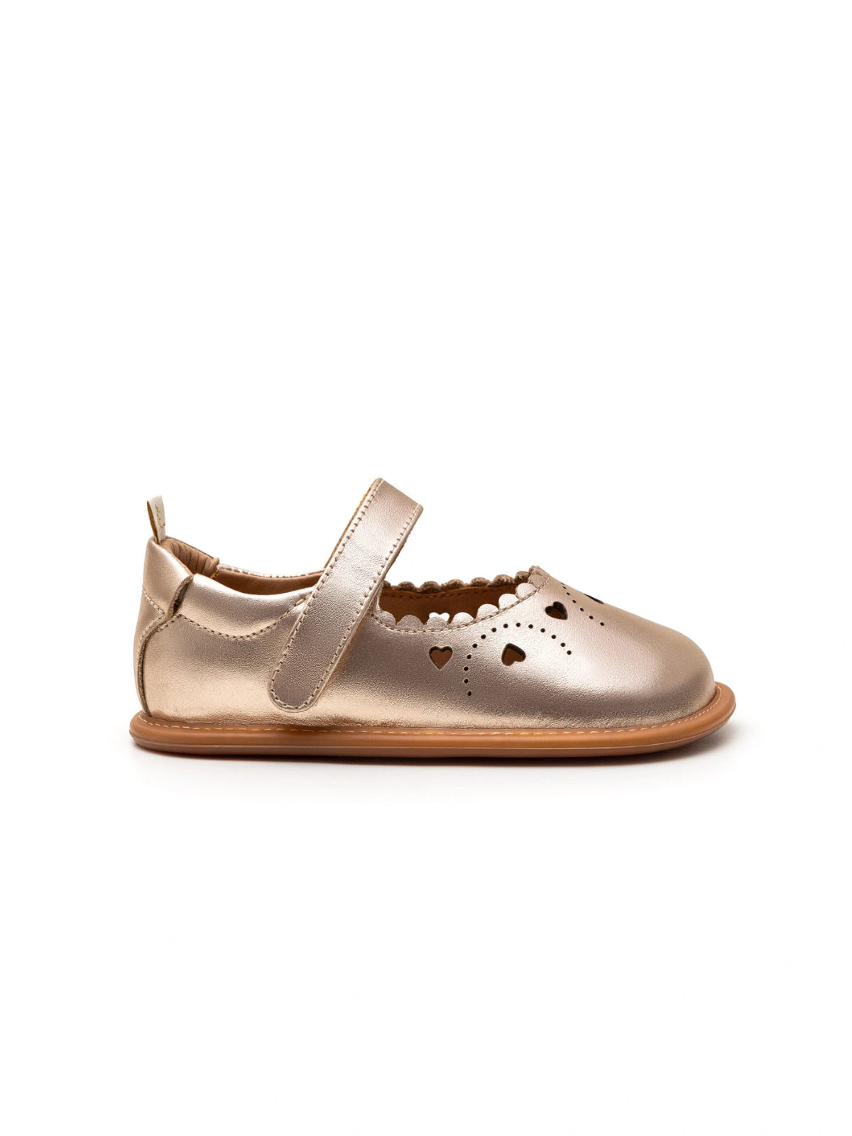 Side profile of the metallic salmon Sweetheart Mary Jane for babies, showing the slim ergonomic flat sole