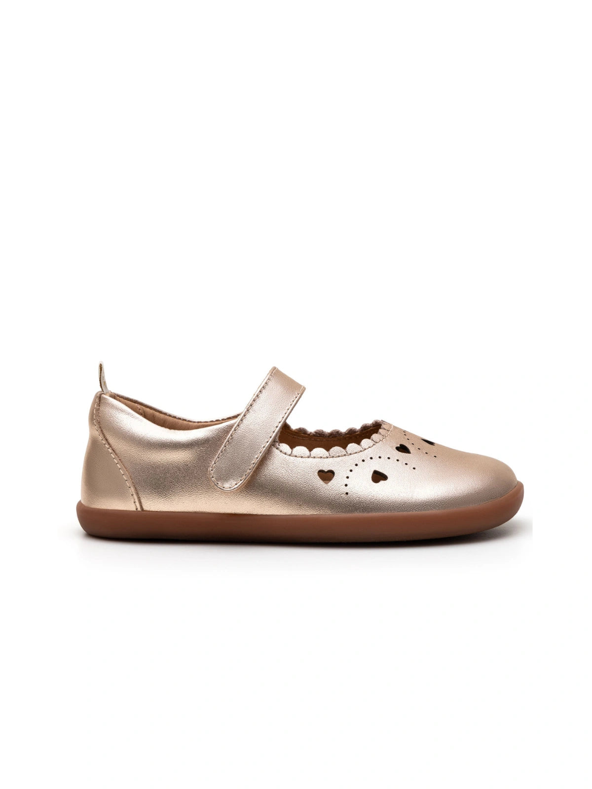 Side profile of the kids metallic salmon Sweetheart Mary Jane showing the ergonomic slim sole design.