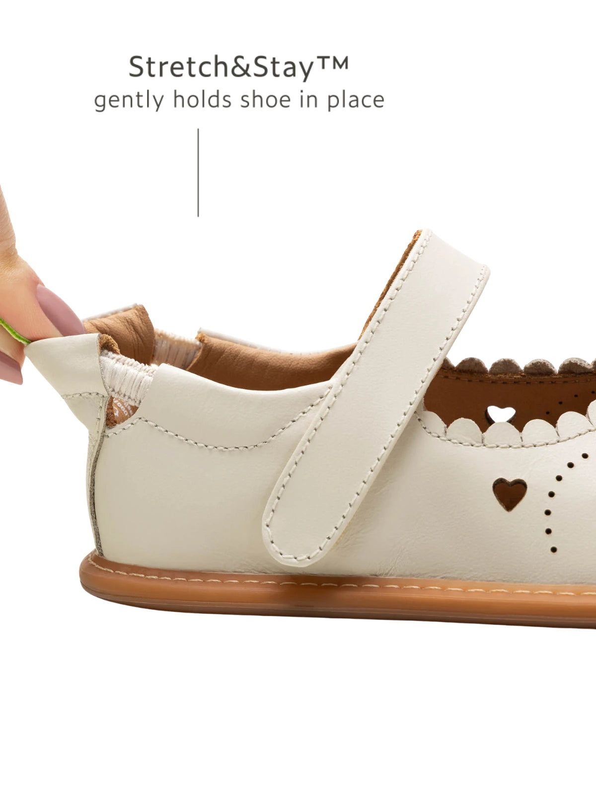 Close-up of the Stretch & Stay elastic heel on the Tapioca baby shoe for a secure, stay-on fit.