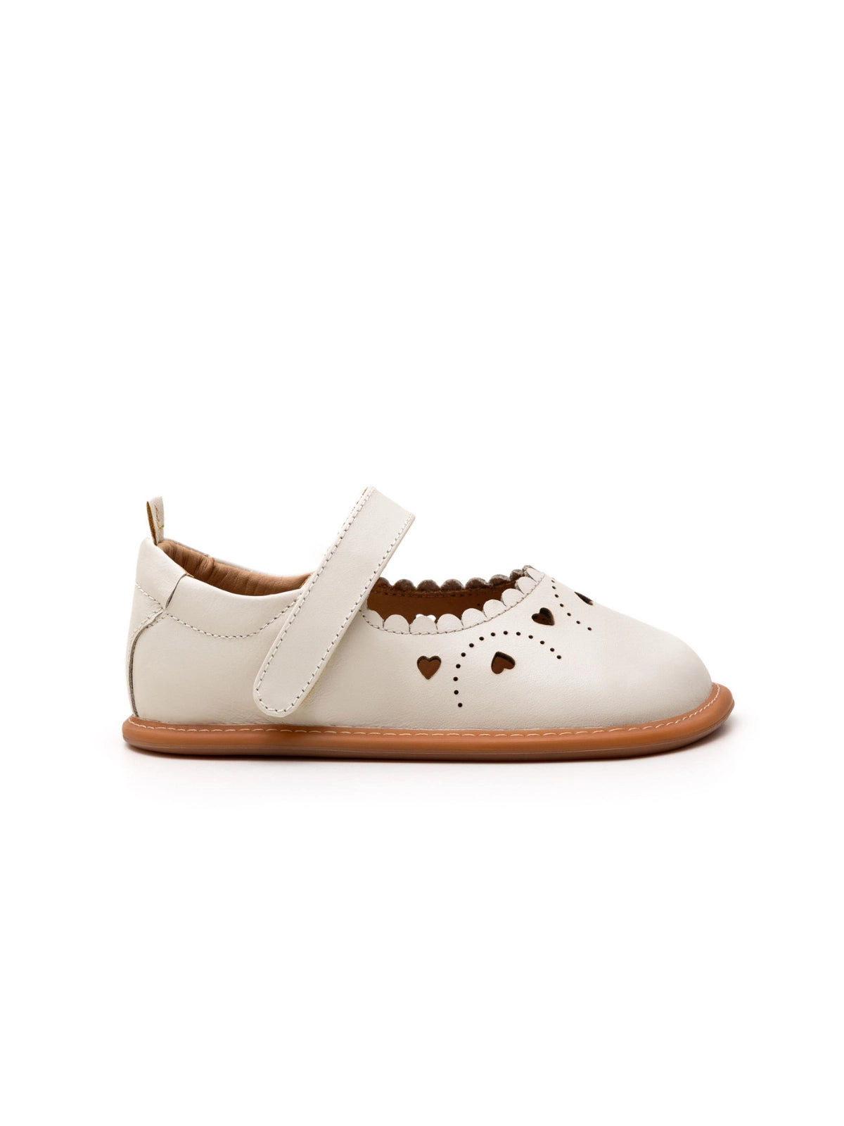 Side profile of the baby Sweetheart Mary Jane in Tapioca showing the slim ergonomic flat sole.