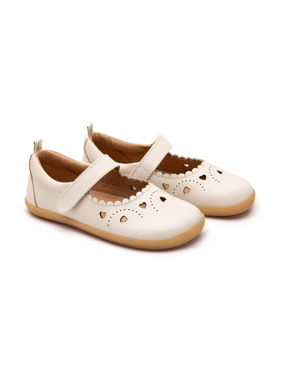 Kids metallic tapioca leather Mary Jane shoes with heart cut-outs and a flexible brown rubber sole.