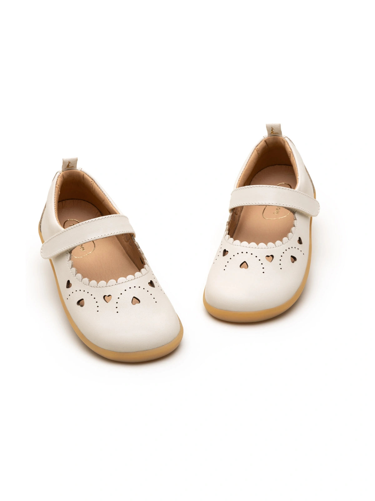 Overhead view of metallic tapioca kids shoes highlighting the wide toe box and scalloped edge detail.