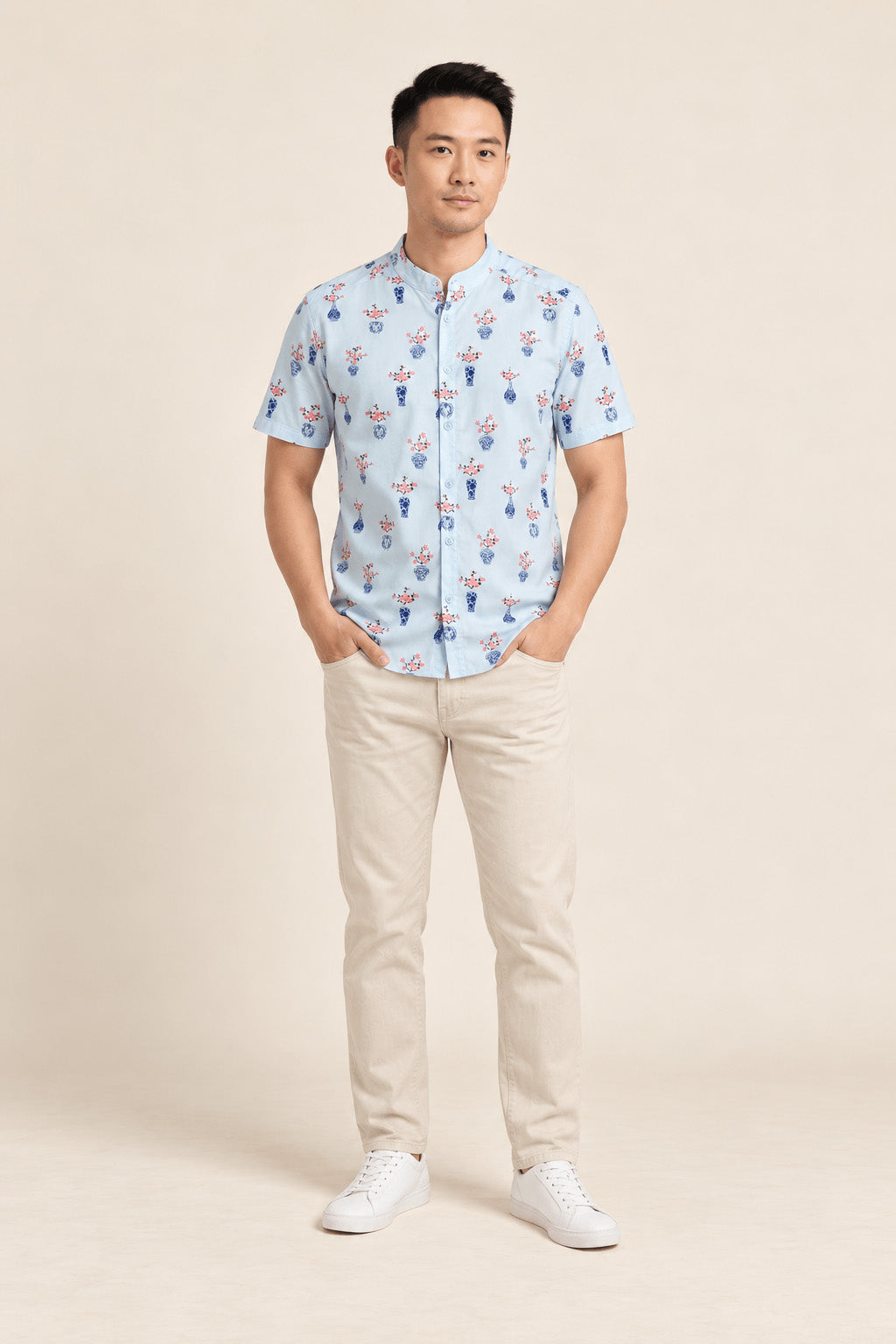 Men's Mandarin-collared Shirt - Turquoise Vases