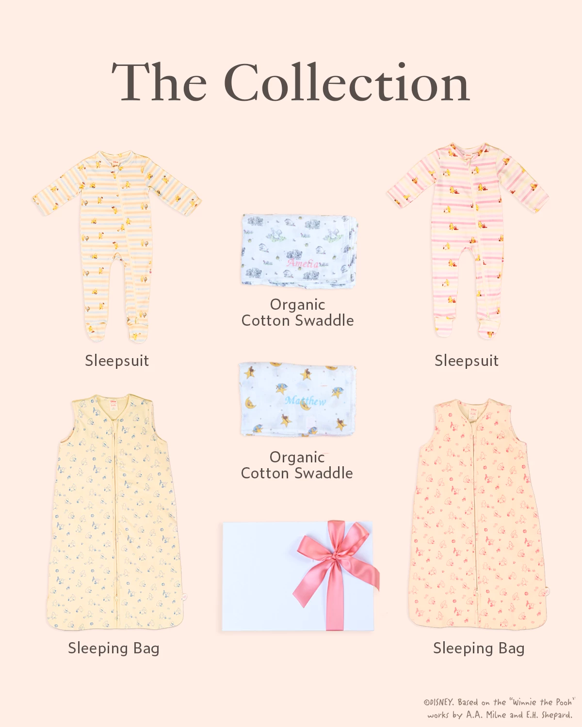 twin collection consist of sleepsuits, organic cotton swaddles, sleeping bags 

