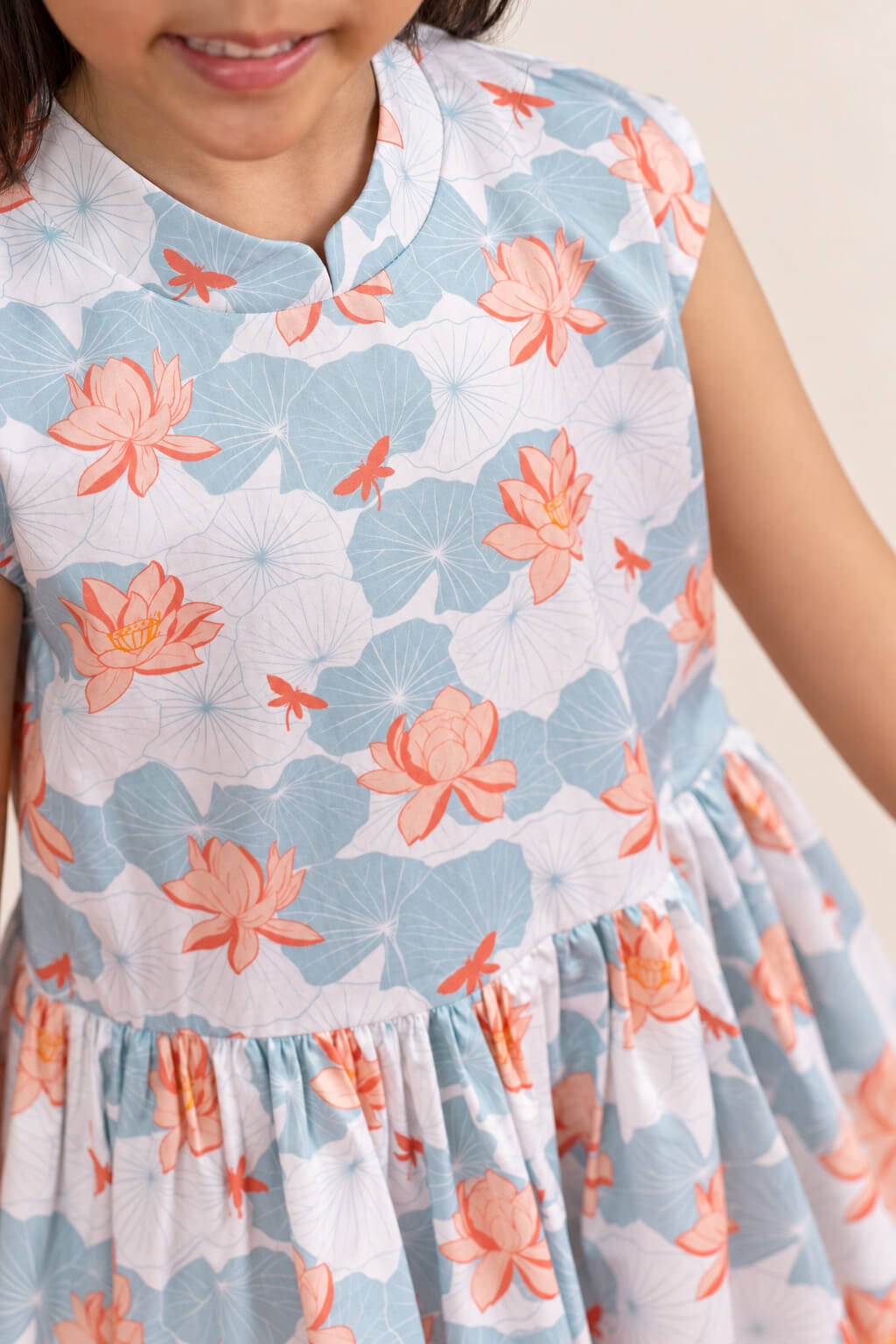 Twirly Cheongsam - Teal Lotus closeup