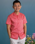 Men's Mandarin-collared Shirt - Red Honeycomb Tiles