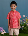 Mandarin-collared Shirt - Red Honeycomb Tiles