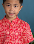 Mandarin-collared Shirt - Red Honeycomb Tiles