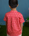 Mandarin-collared Shirt - Red Honeycomb Tiles