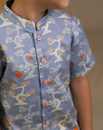 Mandarin-collared Shirt - Blue Lucky Bonsai