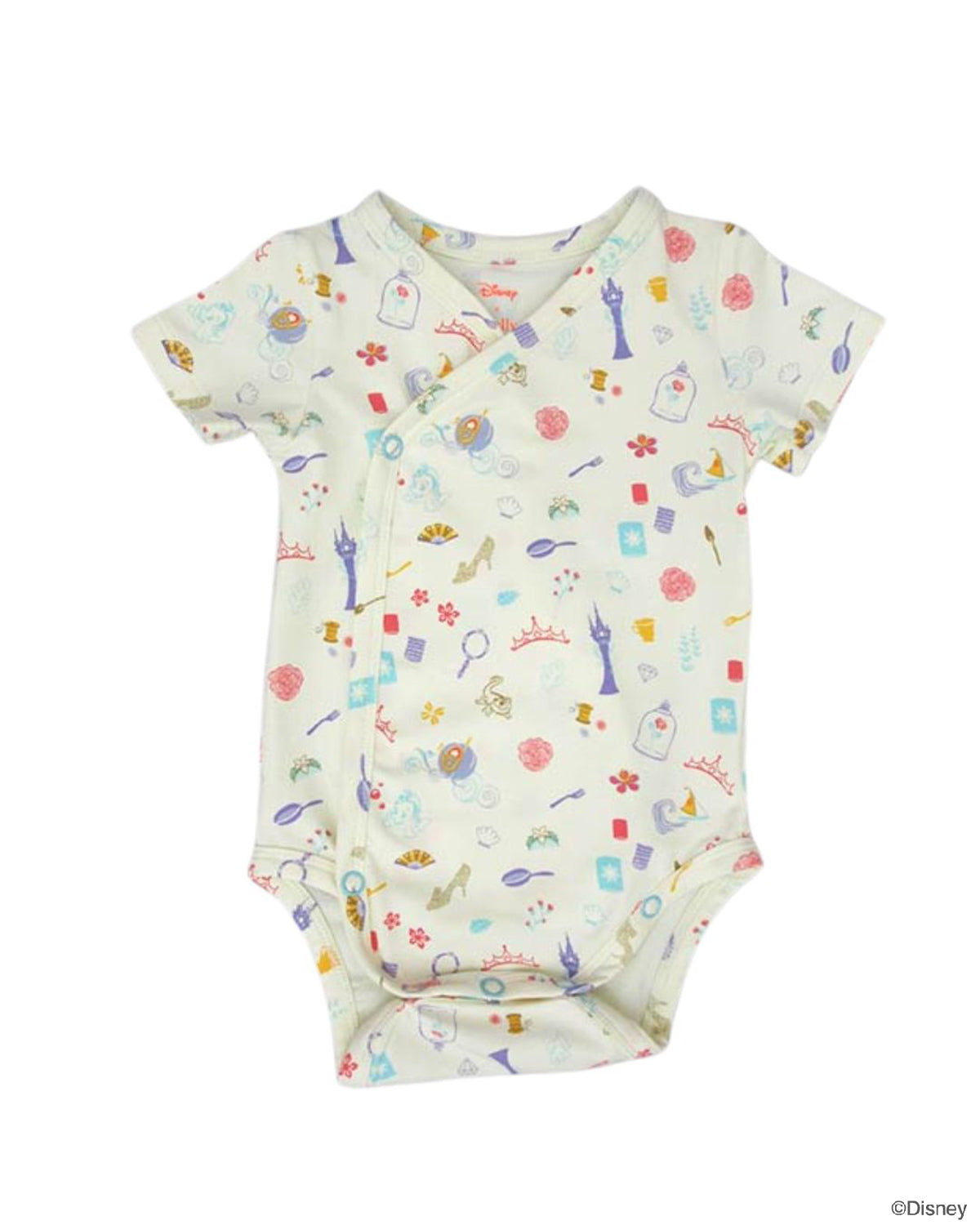 A baby short-sleeve bodysuit with a white background and a colorful Disney Princess-themed print, featuring illustrations of a castle, tiara, wand, and other royal motifs.