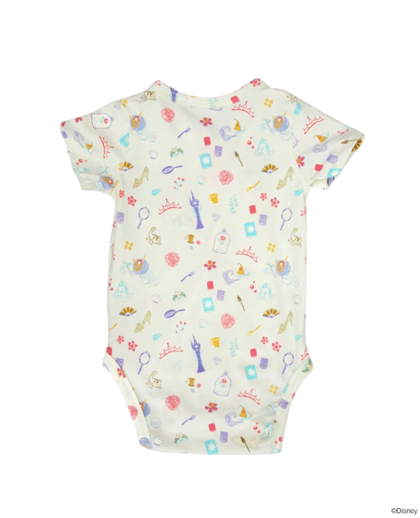 A short-sleeve baby bodysuit with an all-over whimsical print of Disney princesses, castles, and magical icons on a cream-colored background, shown flat against a white background.