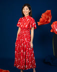 Ladies Pleated Dress - Red Blossom Lily