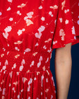 Ladies Pleated Dress - Red Blossom Lily