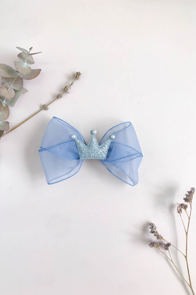  Blue Organza Bow Hair Clip - Silver Glitter Crown