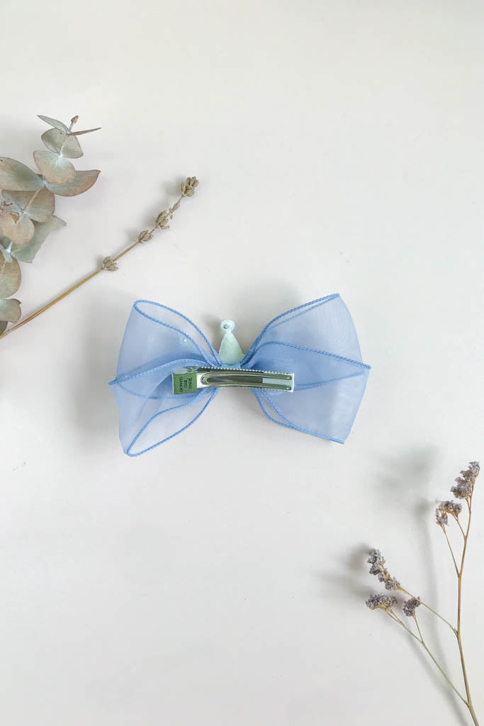  Blue Organza Bow Hair Clip - Silver Glitter Crown | Back