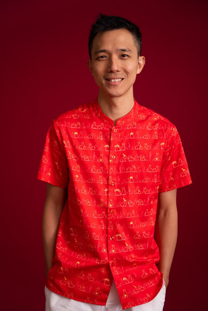 Men&#39;s Mandarin-collared Shirt - Red Bunnies In A Row | CNY2023 Family Twinning Set | The Elly Store Singapore