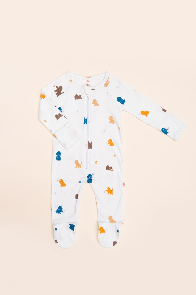 Raglan Sleepsuit - Maltese Puppy | GOTS-certified Organic Cotton | The Elly Store Singapore