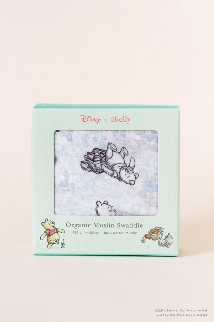 Disney x elly Organic Cotton Swaddle - Blue Hunny Pooh | Ideal for Newborn Baby Gifts | The Elly Store Singapore