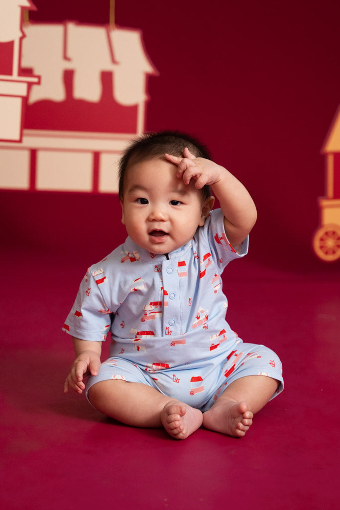 Mandarin-collared Polo Romper - Periwinkle Night Market | CNY2023 Twinning Family Sets | The Elly Store Singapore