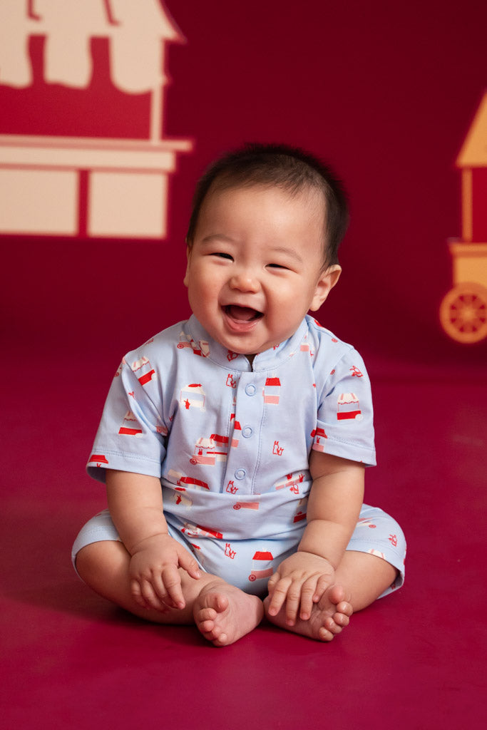 Mandarin-collared Polo Romper - Periwinkle Night Market | CNY2023 Twinning Family Sets | The Elly Store Singapore