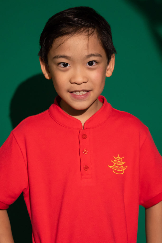 Mandarin-collared Polo Tee - Rose Pagoda | CNY2023 Twinning Family Sets | The Elly Store Singapore