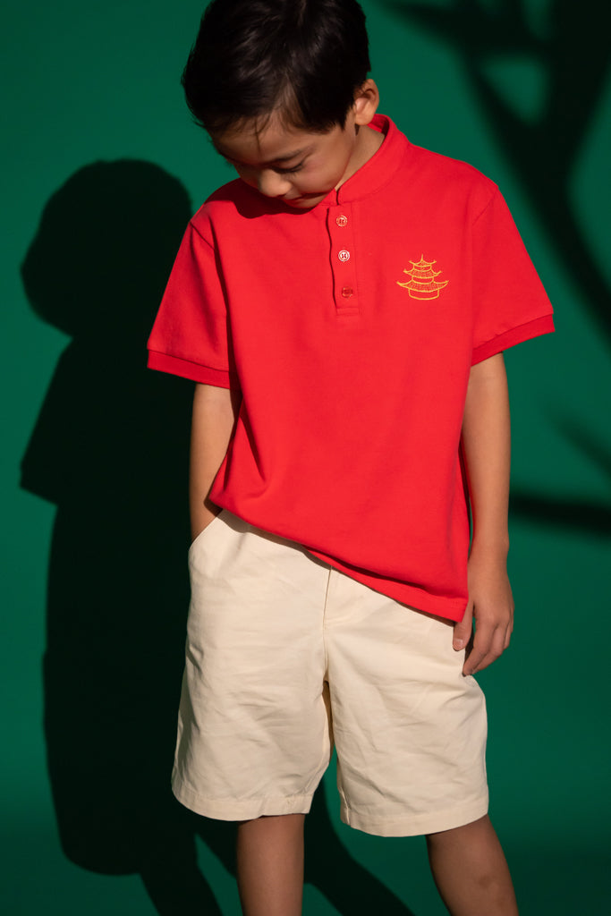 Mandarin-collared Polo Tee - Rose Pagoda | CNY2023 Twinning Family Sets | The Elly Store Singapore The Elly Store