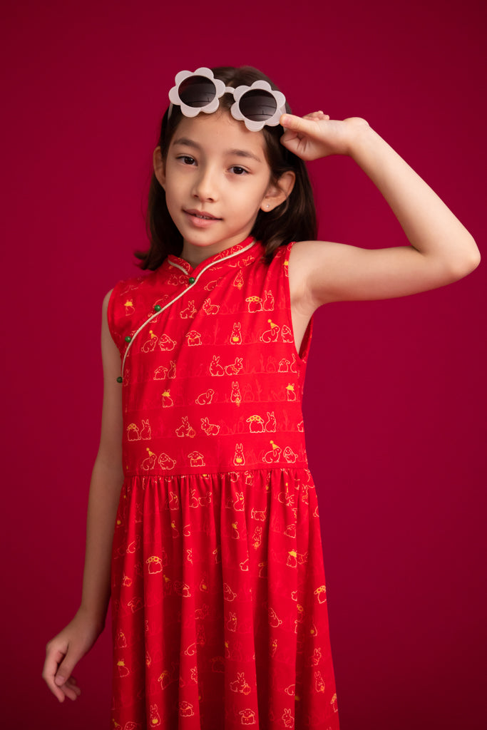 Jersey Luna Cheongsam - Red Bunnies In A Row | Chinese New Year 2023 | The Elly Store Singapore