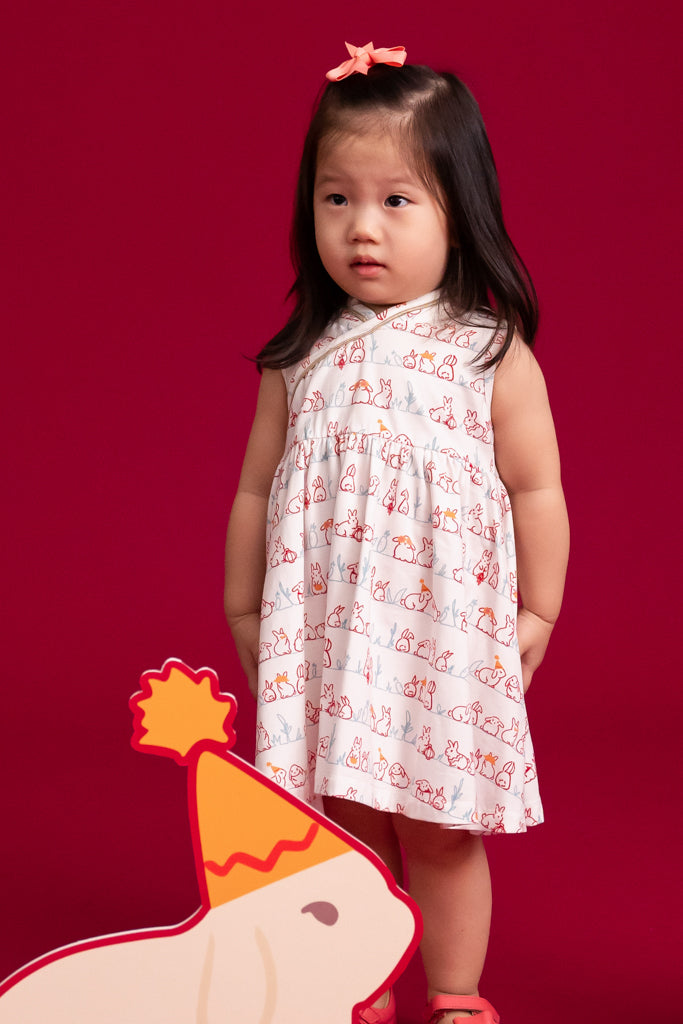 Jersey Flare Cheongsam - White Bunnies In A Row | Disney x elly Chinese New Year 2023 | The Elly Store Singapore