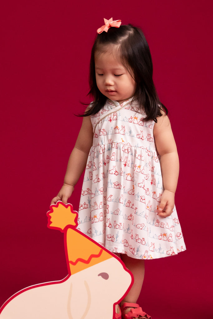 Jersey Flare Cheongsam - White Bunnies In A Row | Disney x elly Chinese New Year 2023 | The Elly Store Singapore