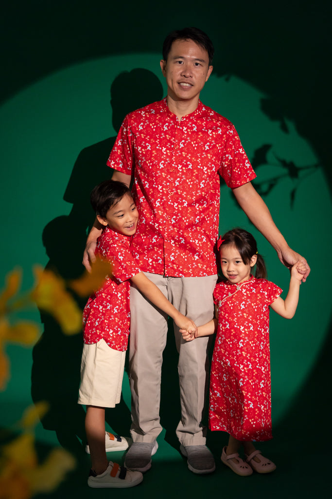 Men's Mandarin-collared Shirt -Red Gingkoi | CNY2023 Family Twinning Set | The Elly Store Singapore