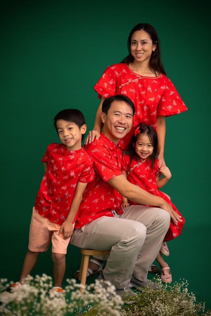 Men&#39;s Mandarin-collared Shirt -Red Mandarin Ducks | CNY2023 Family Twinning Set | The Elly Store Singapore