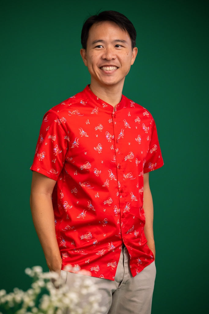 Men's Mandarin-collared Shirt -Red Mandarin Ducks | CNY2023 Family Twinning Set | The Elly Store Singapore