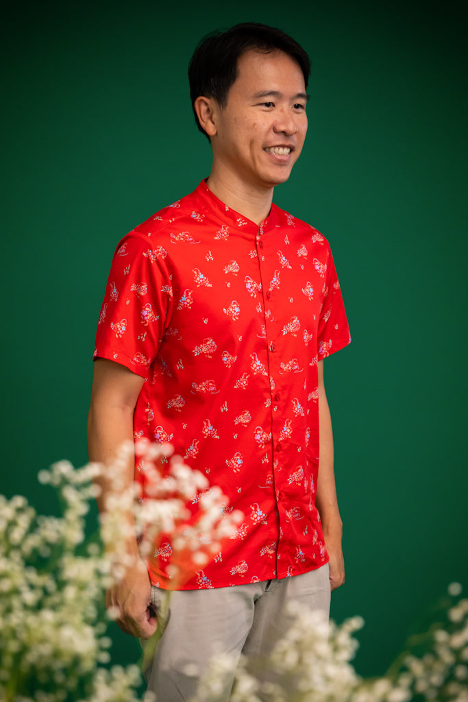 Men&#39;s Mandarin-collared Shirt -Red Mandarin Ducks | CNY2023 Family Twinning Set | The Elly Store Singapore